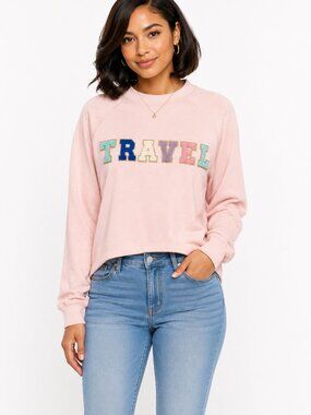 NWT Pink Long Sleeve Light Weight Patch Letters Travel Graphic Tee Shirt